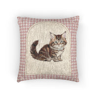 Baby woven pillow with a tabby cat in an arched cream panel and a pink gingham border, front view