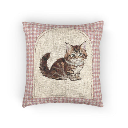 Baby woven pillow with a tabby cat in an arched cream panel and a pink gingham border, front view