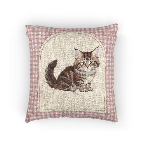 Baby woven pillow with a tabby cat in an arched cream panel and a pink gingham border, front view
