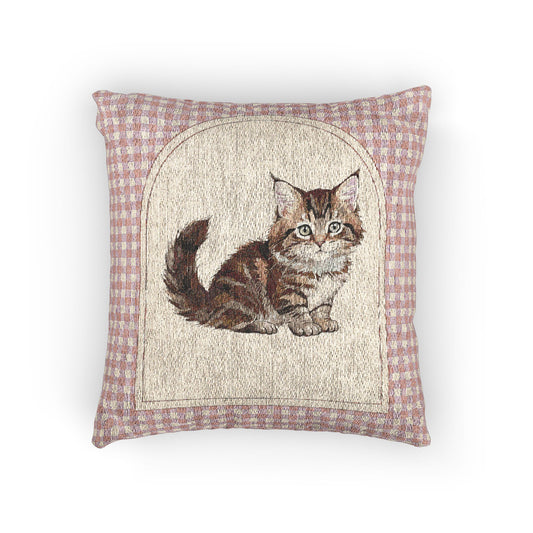 Baby woven pillow with a tabby cat in an arched cream panel and a pink gingham border, front view