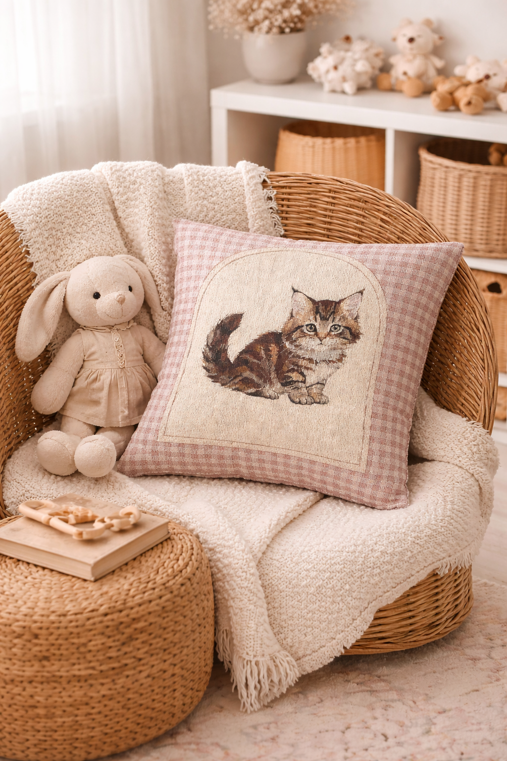 Cat woven pillow on a rattan chair with a plush bunny, books and a cream throw