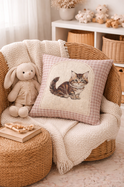 Cat woven pillow on a rattan chair with a plush bunny, books and a cream throw