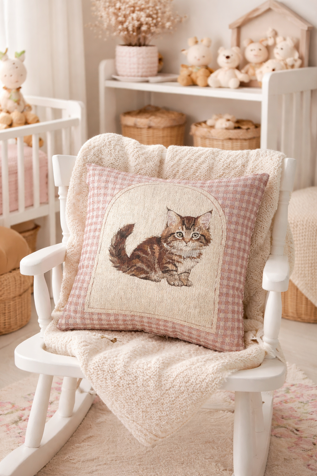 Cat baby pillow on a white rocking chair with a sheepskin, in a nursery with shelves and baskets