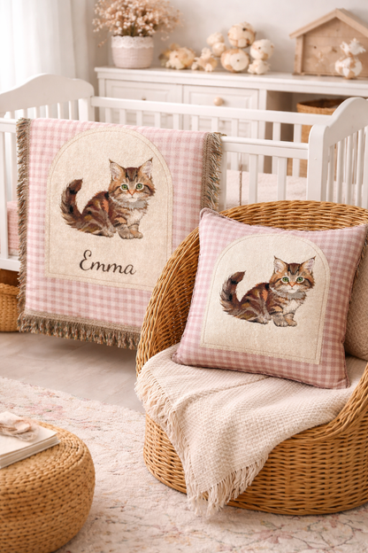 Nursery with the cat pillow on a rattan chair and the matching personalized cat baby blanket over the crib