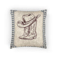 Baby woven pillow with a cowboy hat and boots on a cream panel with a blue gingham border, front view