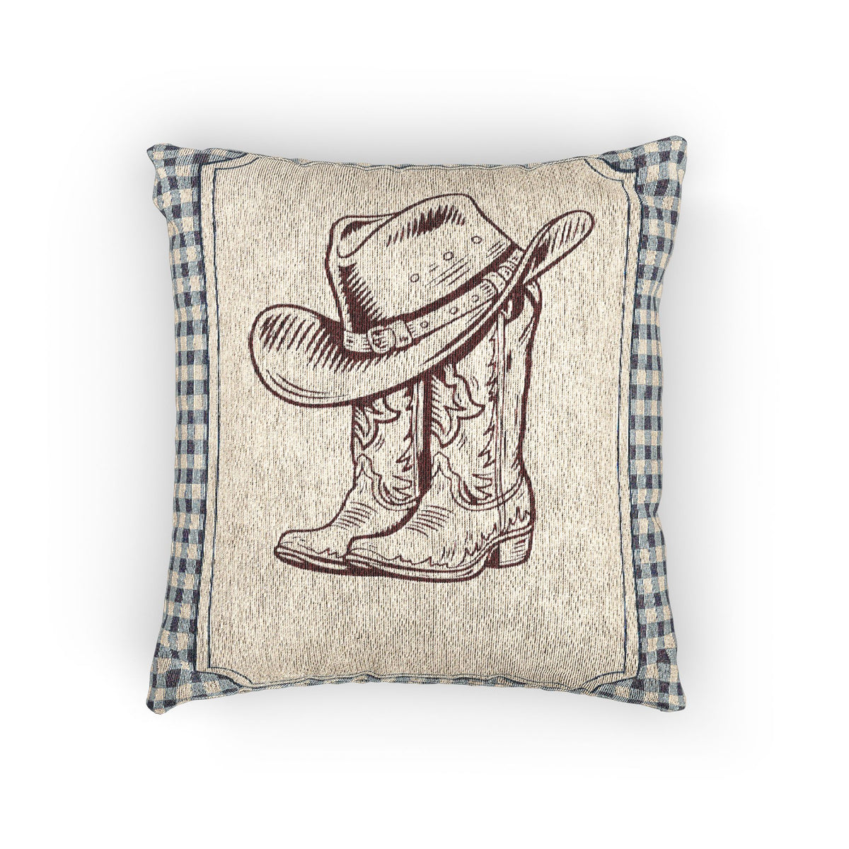 Baby woven pillow with a cowboy hat and boots on a cream panel with a blue gingham border, front view