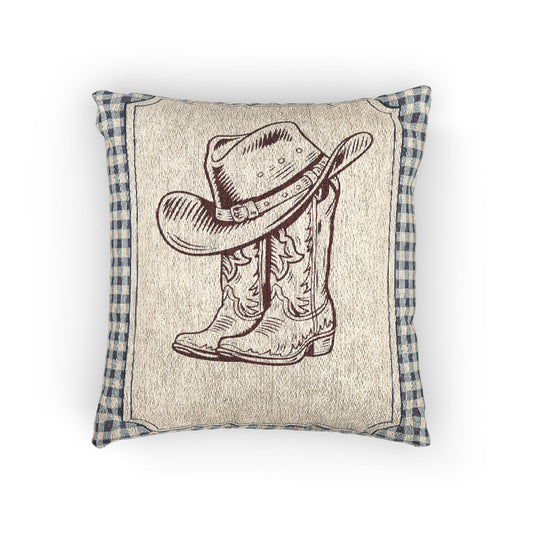 Baby woven pillow with a cowboy hat and boots on a cream panel with a blue gingham border, front view