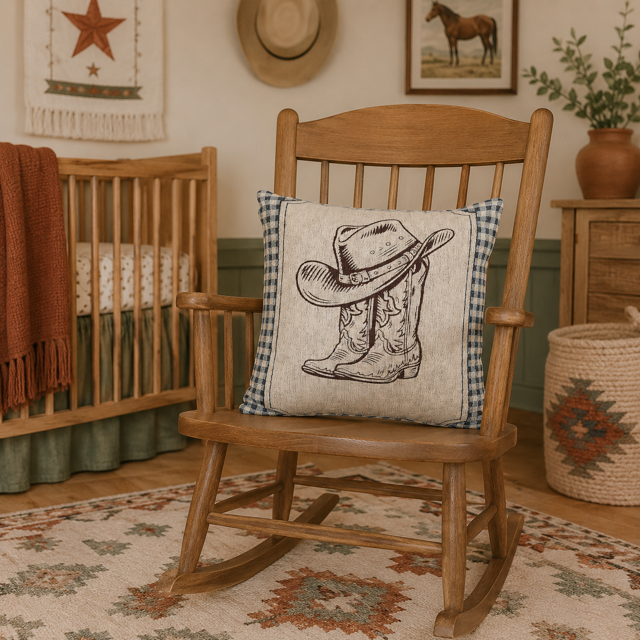 Western baby woven pillow with a cowboy hat and boots, blue gingham border