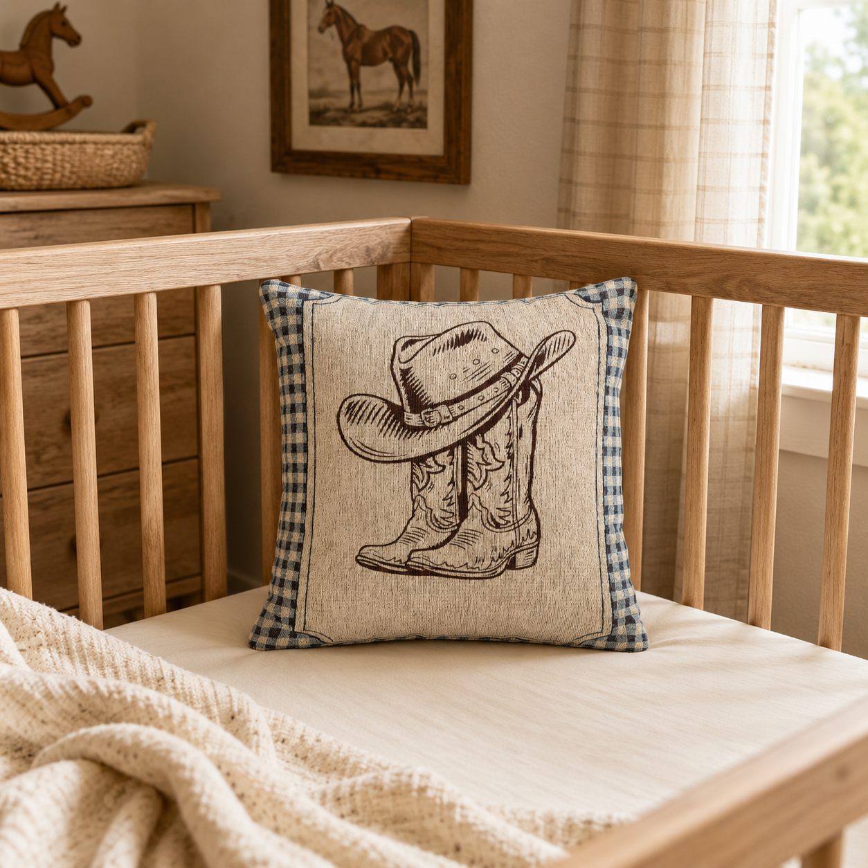 Baby woven pillow with a cowboy hat and boots on a cream panel with a blue gingham border