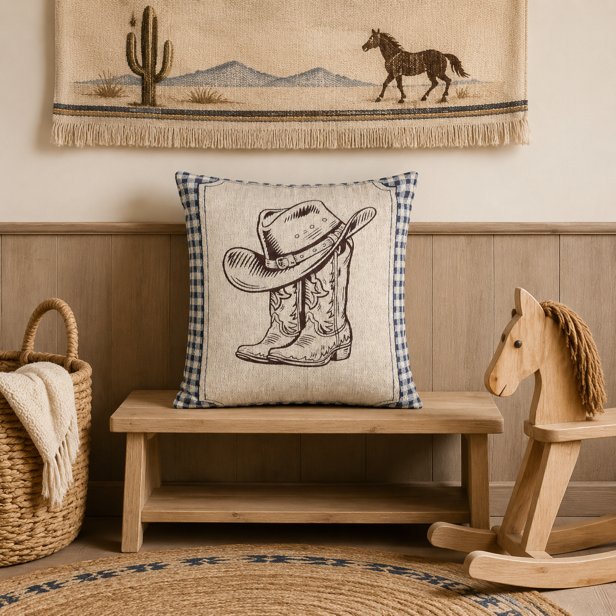 Cowboy nursery pillow with a cowboy hat and boots on cream and blue gingham