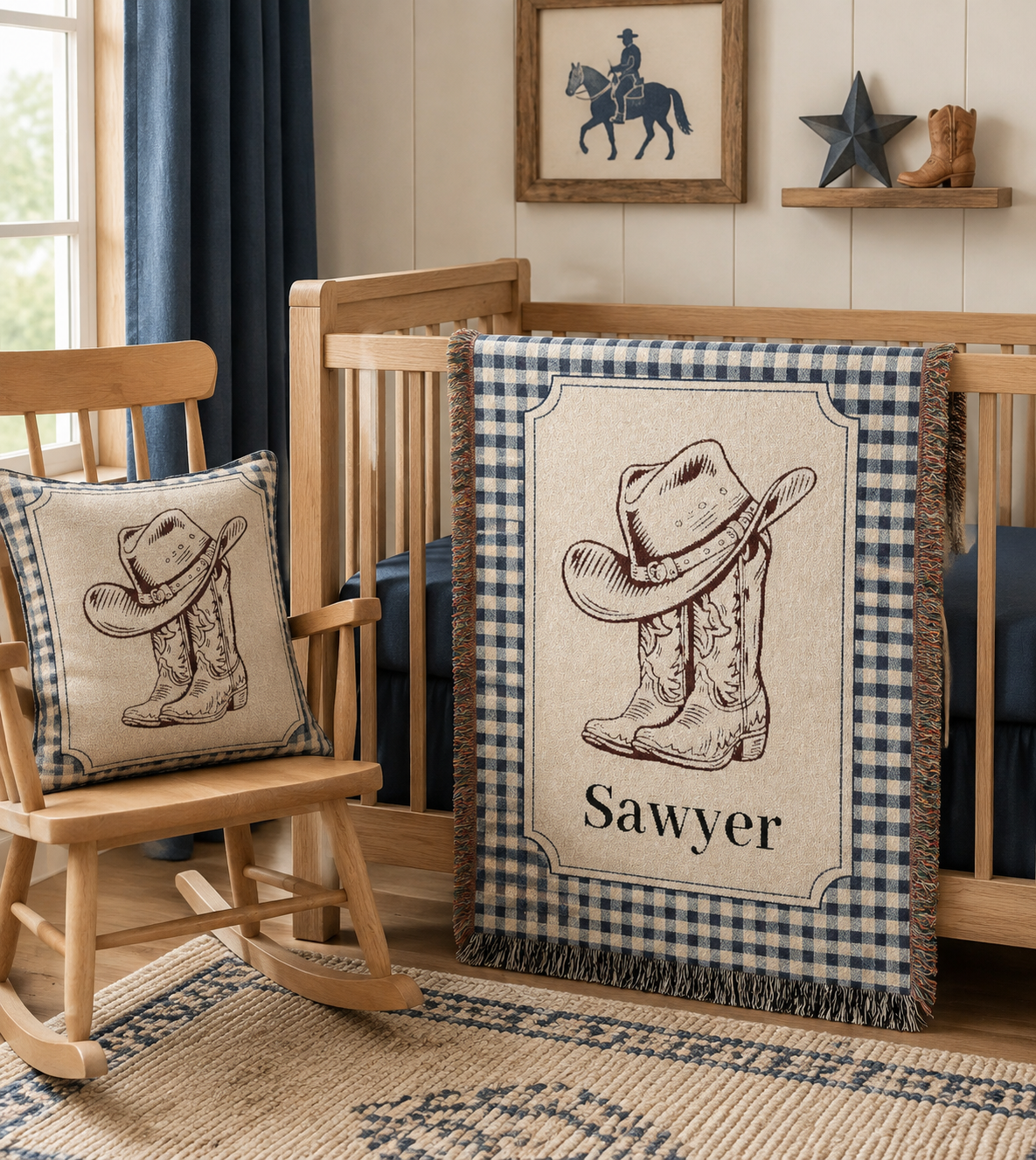 Cowboy baby woven pillow styled with the matching cowboy nursery items
