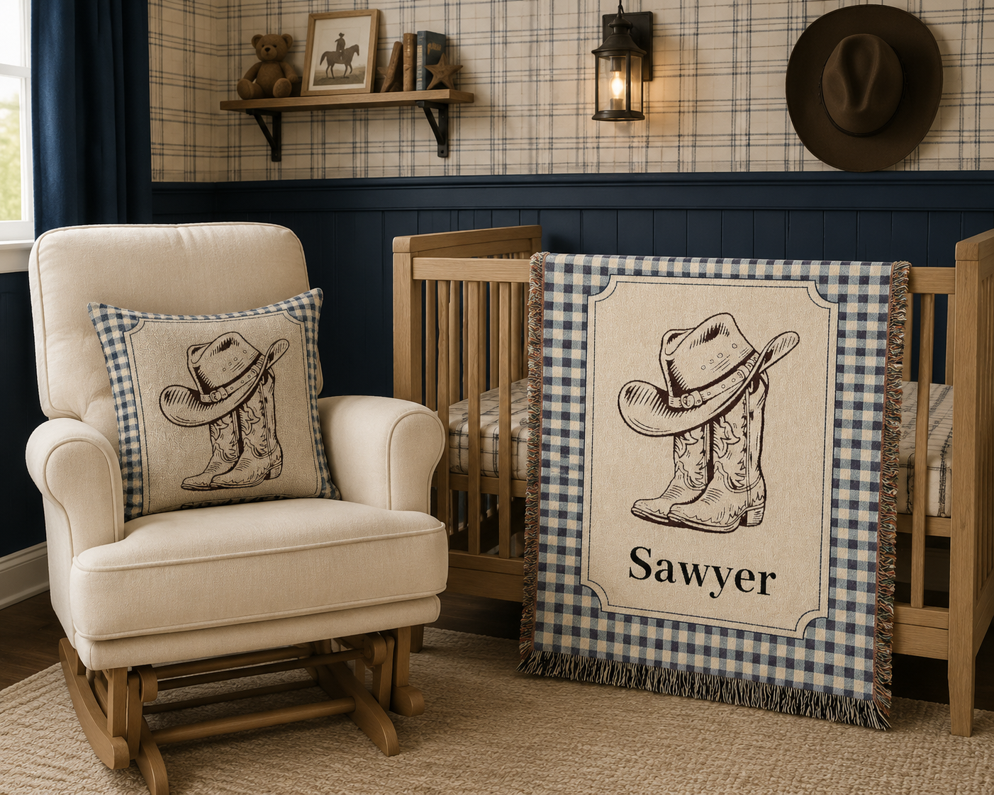Cowboy baby woven pillow with a hat and boots on a blue gingham border, styled in a nursery