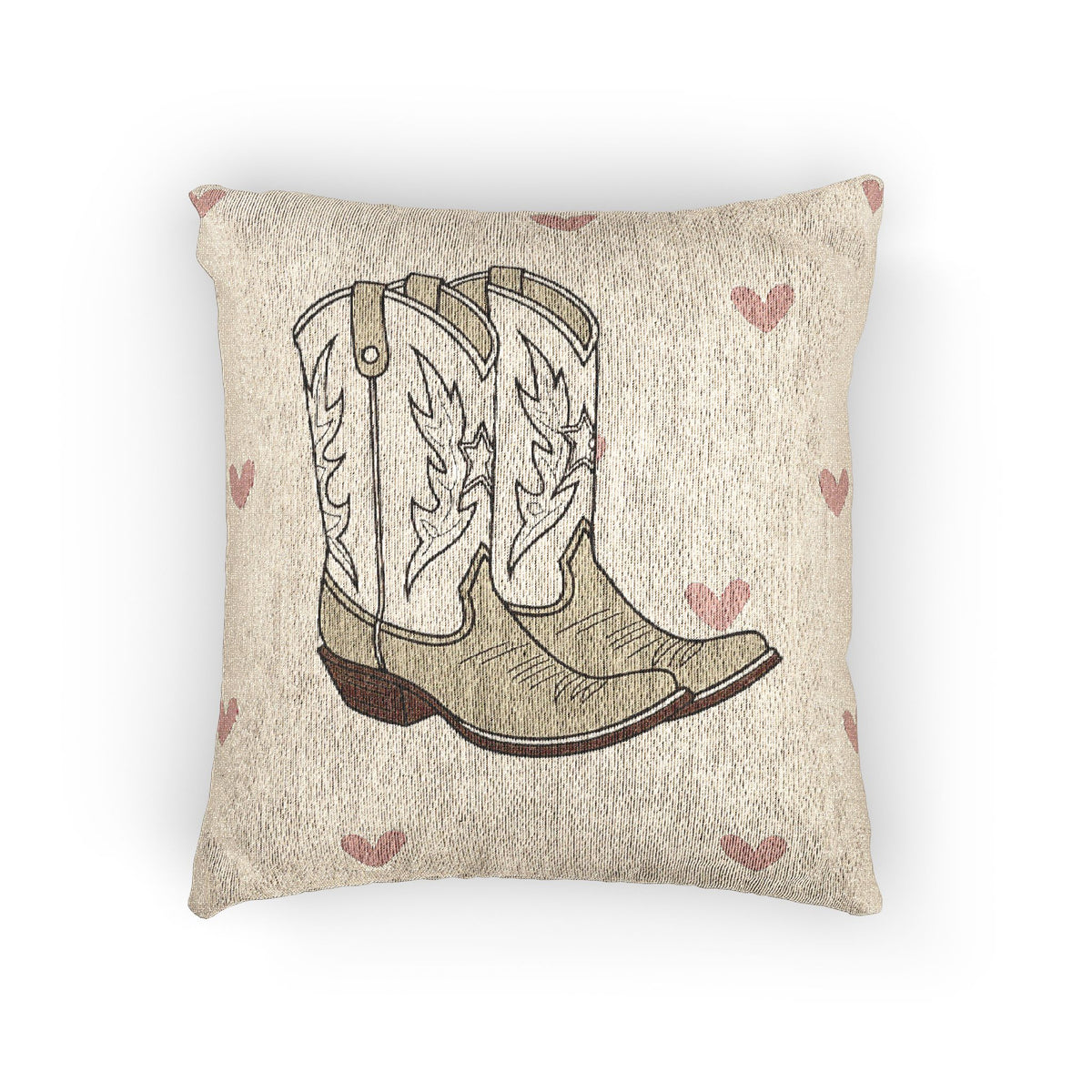 Baby woven pillow with cowgirl boots and soft pink hearts on cream, front view