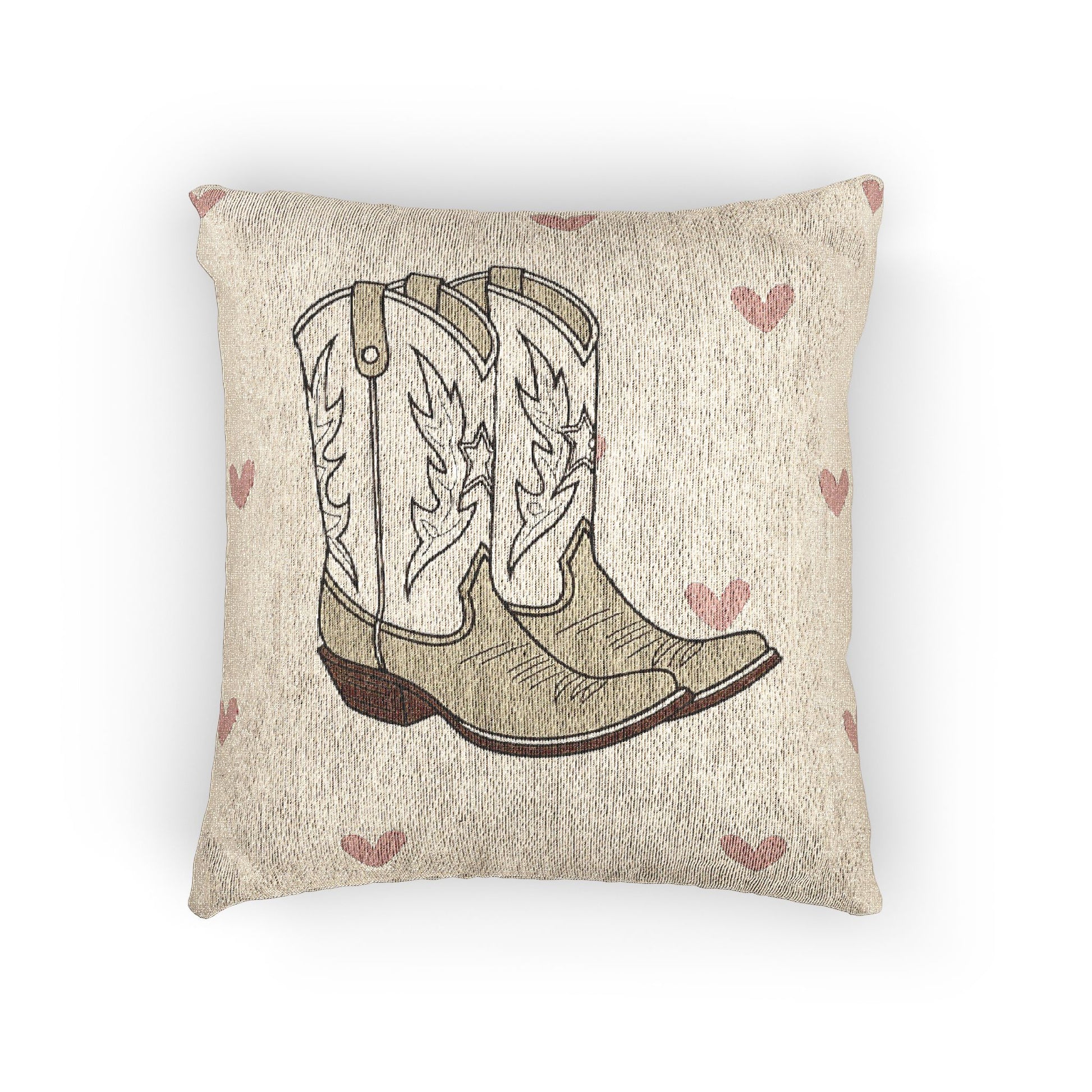 Baby woven pillow with cowgirl boots and soft pink hearts on cream, front view