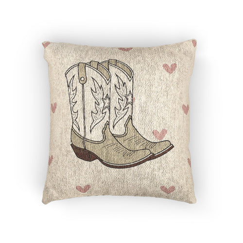 Baby woven pillow with cowgirl boots and soft pink hearts on cream, front view