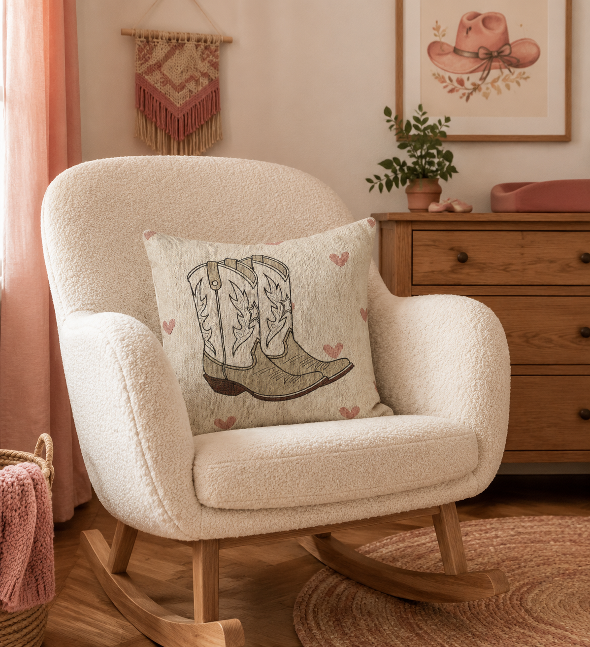 Cowgirl nursery pillow with boots and hearts on a cream ground