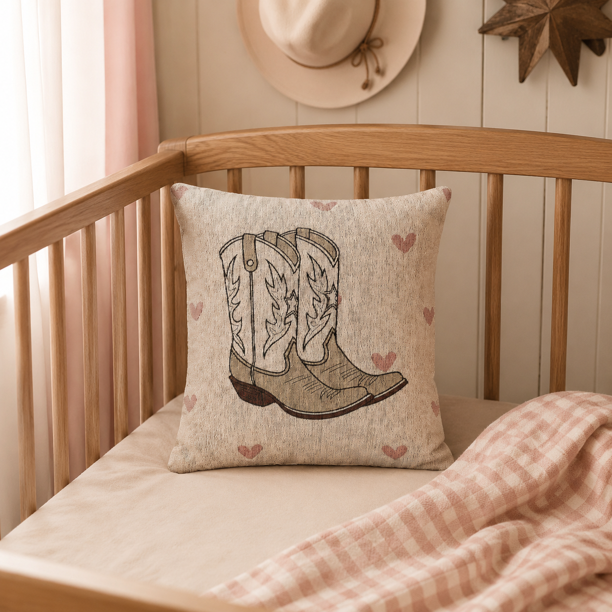 Western cowgirl baby woven pillow with boots and soft pink hearts