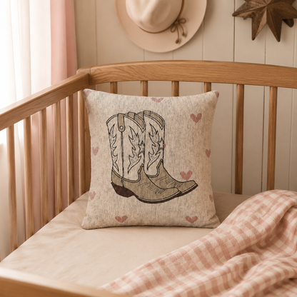 Western cowgirl baby woven pillow with boots and soft pink hearts