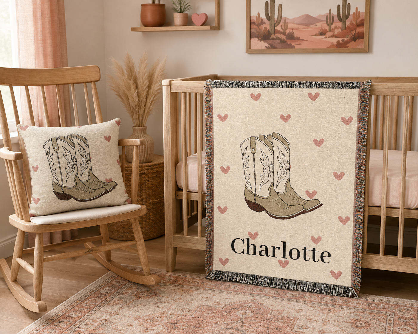 Cowgirl baby woven pillow styled with the matching cowgirl nursery items