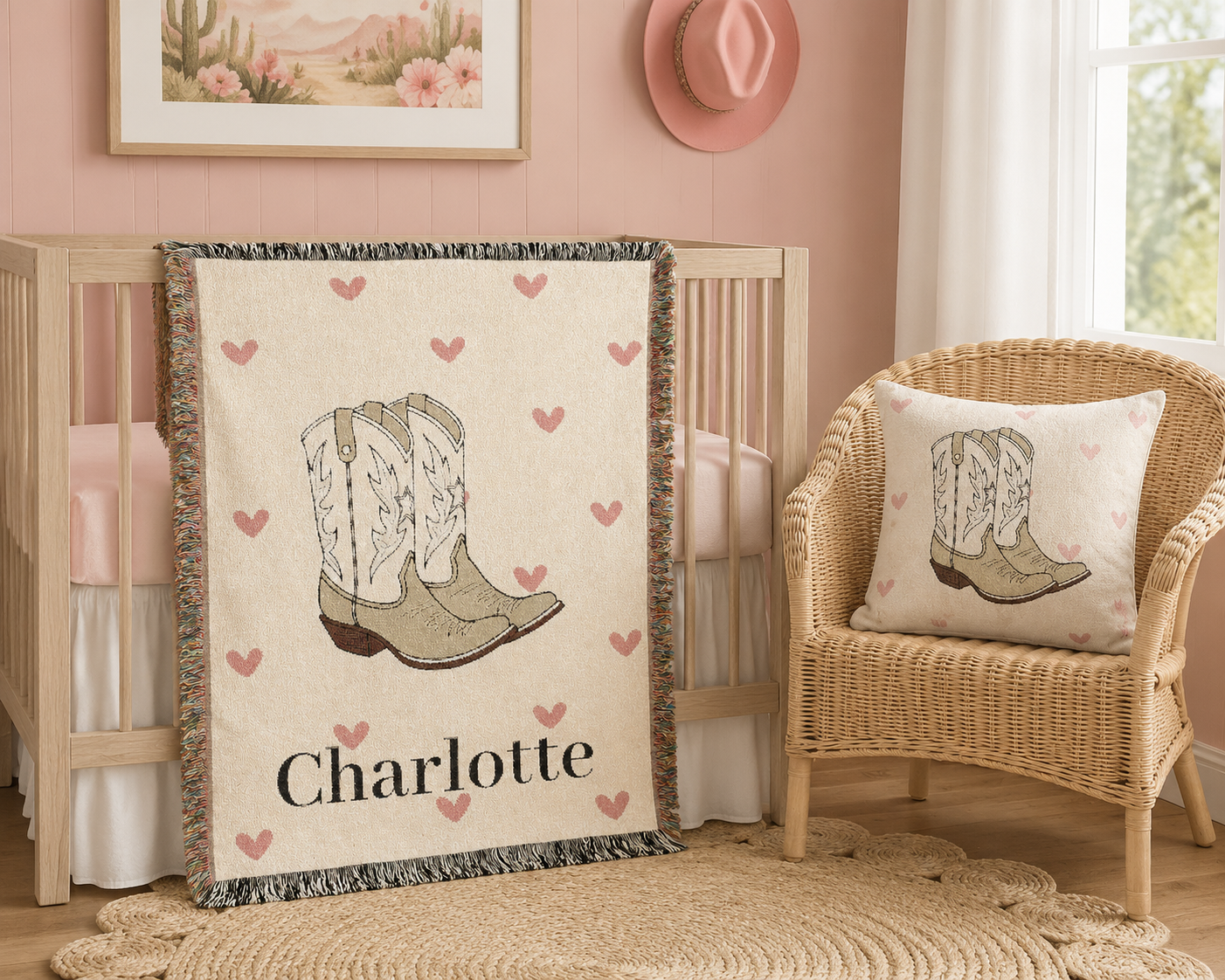 Cowgirl baby woven pillow with boots and pink hearts, styled in a nursery