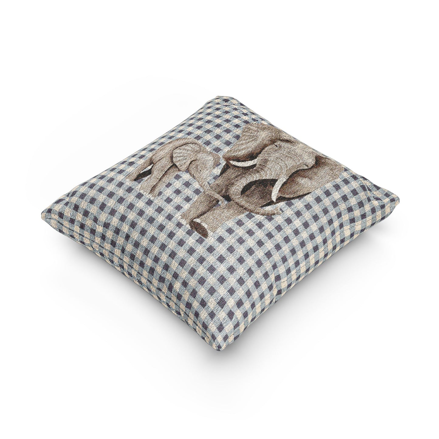 Elephant baby pillow shown at an angle to show its depth and seam