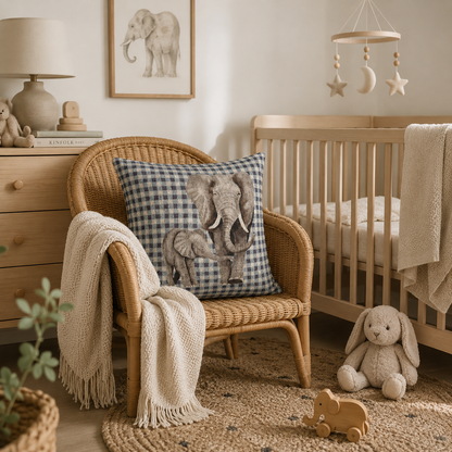 Elephant baby pillow on a rattan chair beside a wooden crib