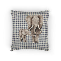 Baby woven pillow with an elephant and calf on a blue gingham border, front view