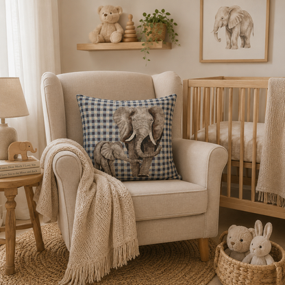 Elephant baby pillow on a cream armchair in a neutral nursery