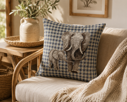 Elephant baby pillow on a rattan chair with a cream throw and plants
