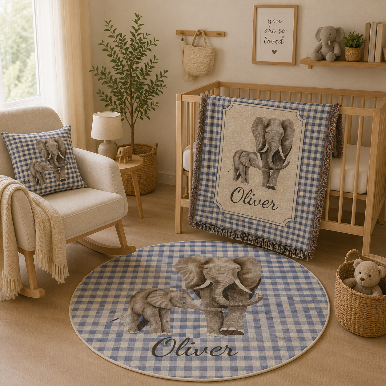 Nursery with the elephant pillow, the matching personalised elephant baby blanket and round rug