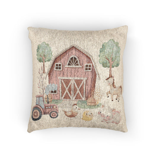 Woven nursery pillow with a watercolor red barn, tractor, horse, hen, chick and piglet on cream, front view