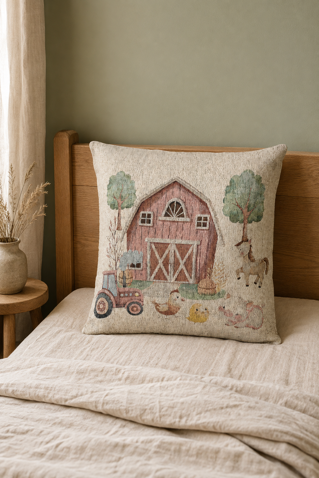 Farm animals woven pillow with a tractor and barn on a cream ground