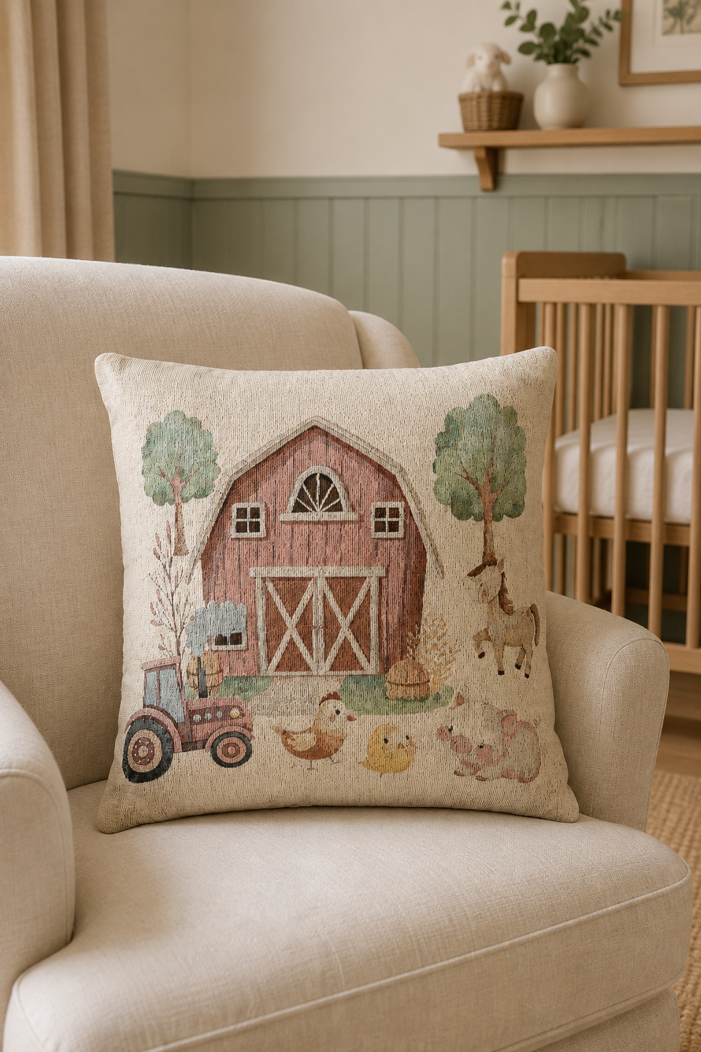 Farm woven nursery pillow with watercolor farm animals and a red barn, styled in a nursery