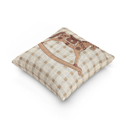 Rocking horse baby pillow shown at an angle to show its depth and seam