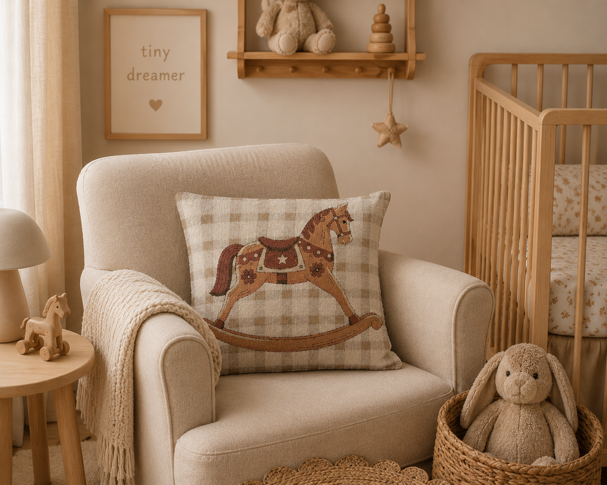 Rocking horse baby pillow on a cream armchair beside a crib and plush bunnies