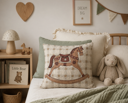 Rocking horse baby pillow on a crib with a green throw and framed art