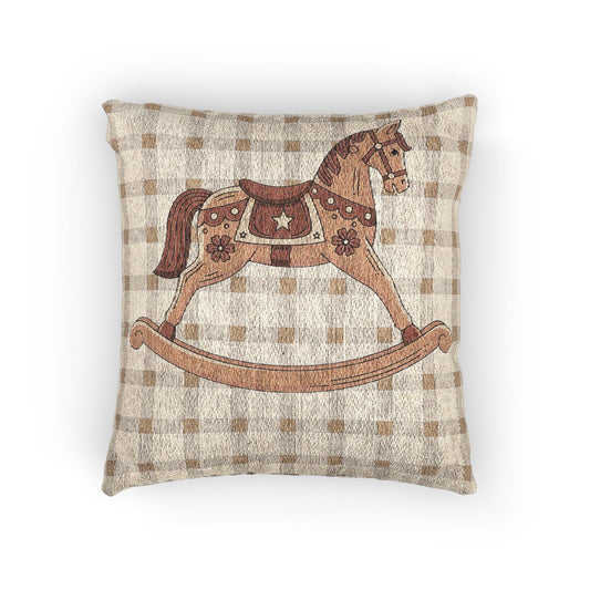 Baby woven pillow with a rocking horse on a beige gingham border, front view