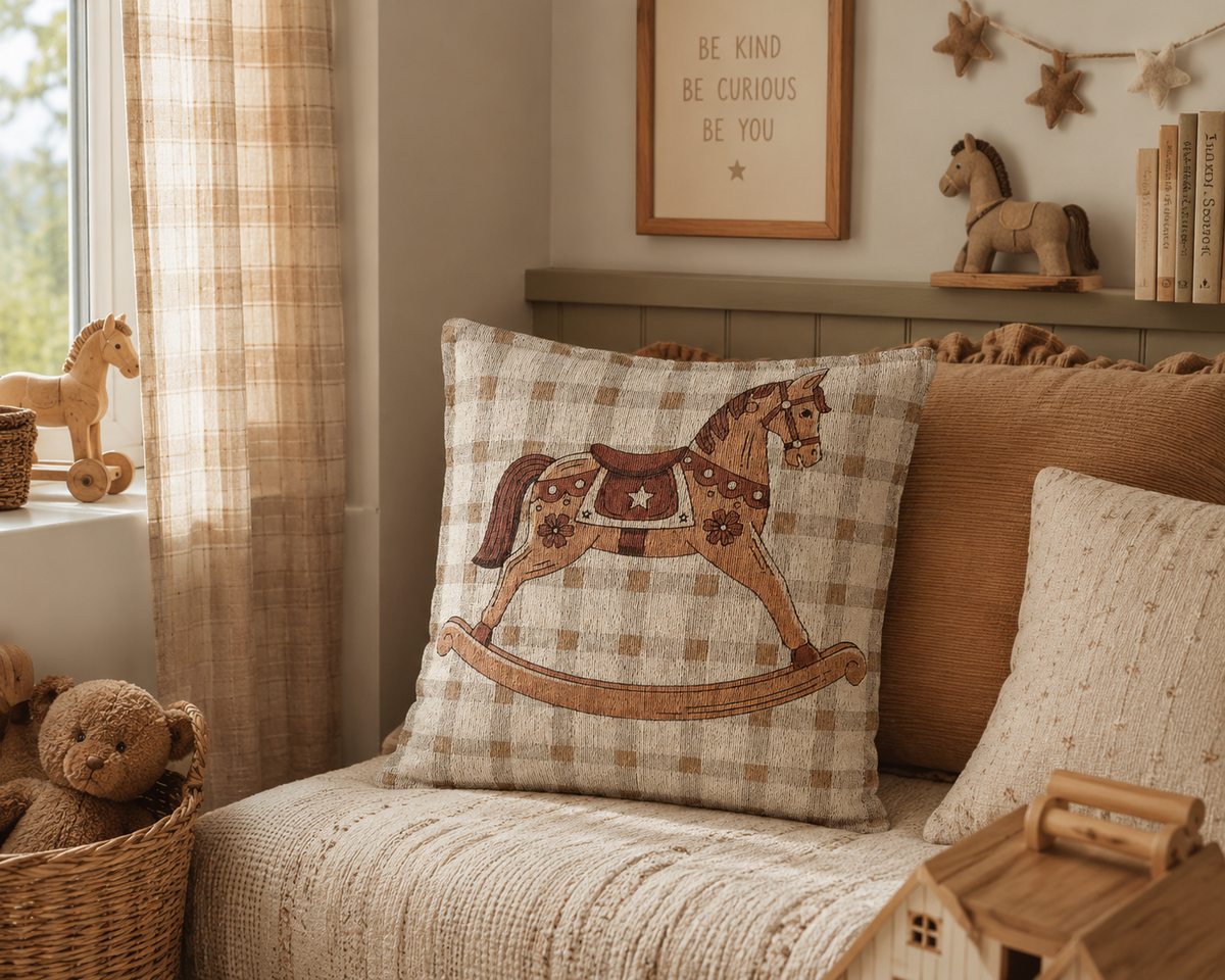 Rocking horse baby pillow on a cream armchair in a neutral nursery