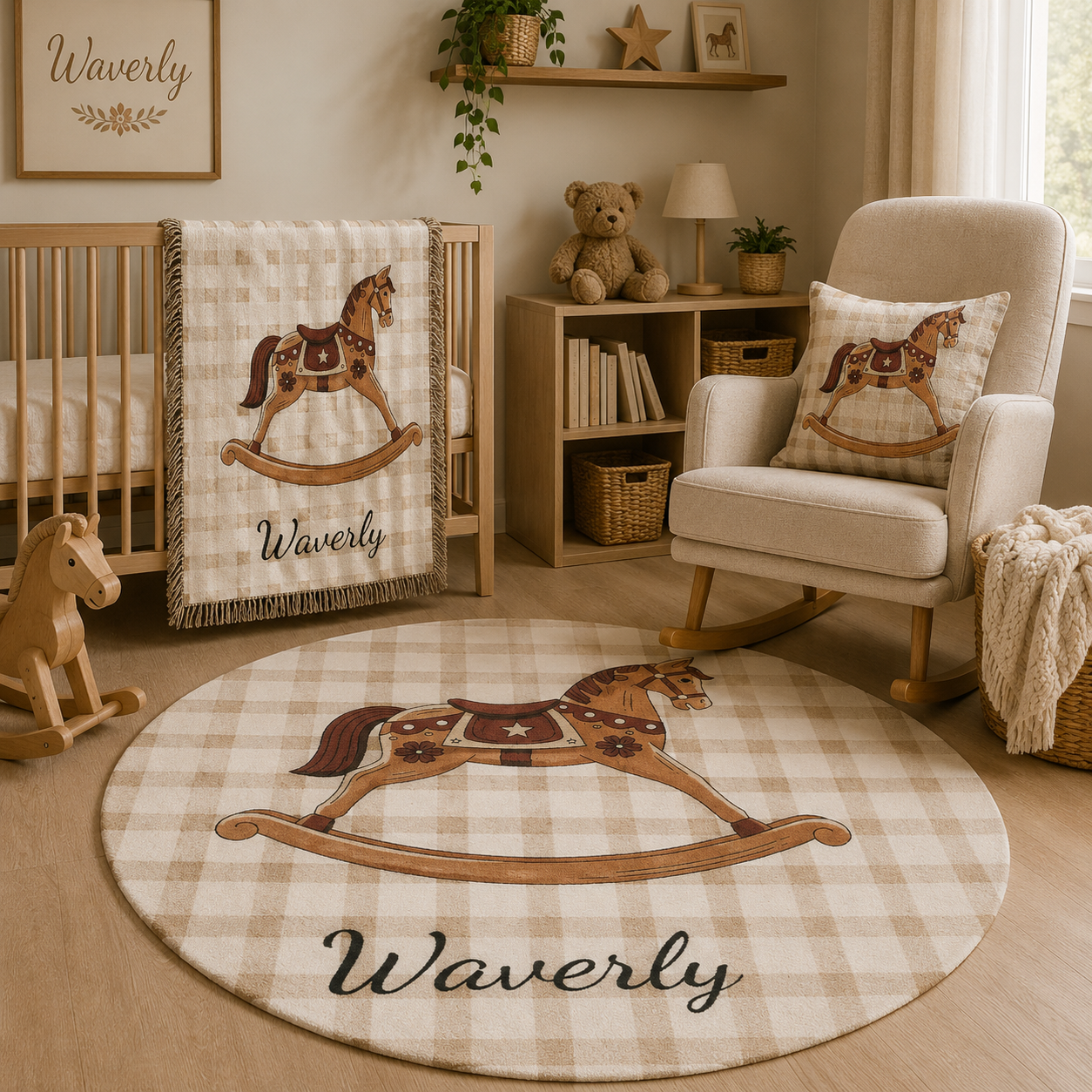 Nursery with the rocking horse pillow, the matching personalised horse baby blanket and round rug
