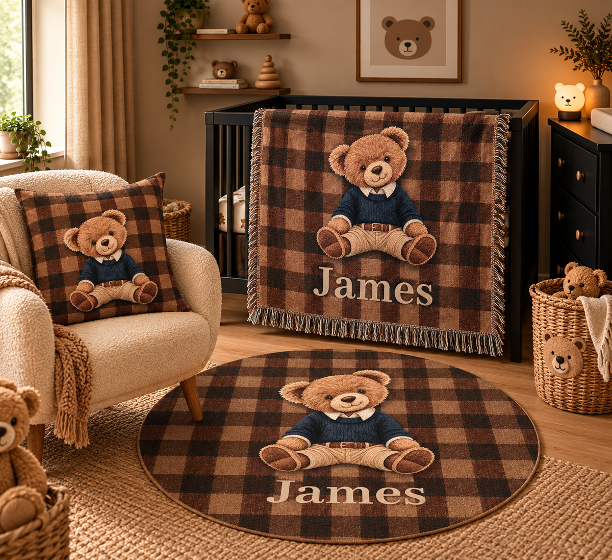 Nursery with a crib, an armchair and a round rug, styled with a personalized teddy bear blanket, pillow and rug in brown plaid