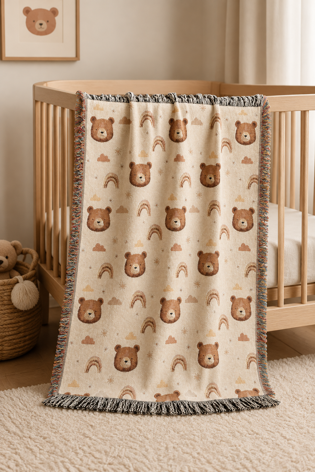 Bear and rainbow woven baby blanket over the rail of a wooden crib