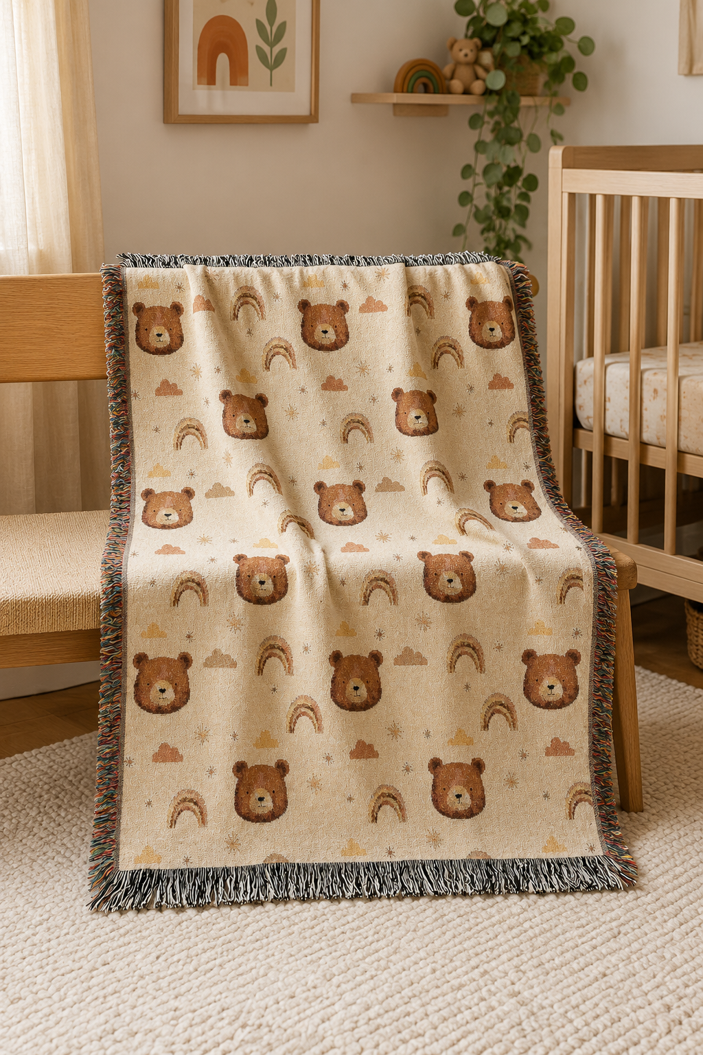 Bear and rainbow woven baby blanket over a crib in a bright nursery with a plant