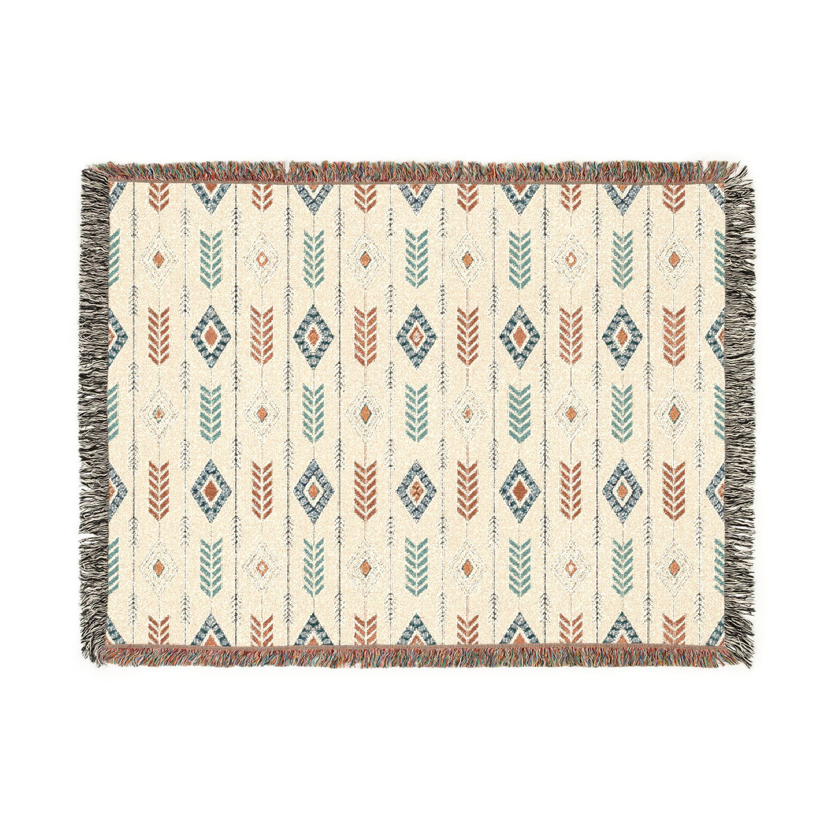 Boho Arrow woven blanket with terracotta and teal feathers, fine black arrows and diamond medallions on cream, shown flat