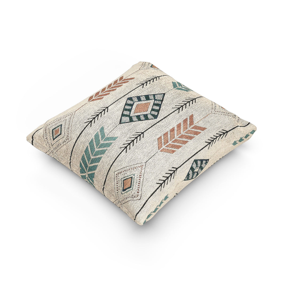Boho Arrow woven pillow seen from an angle, showing the woven texture