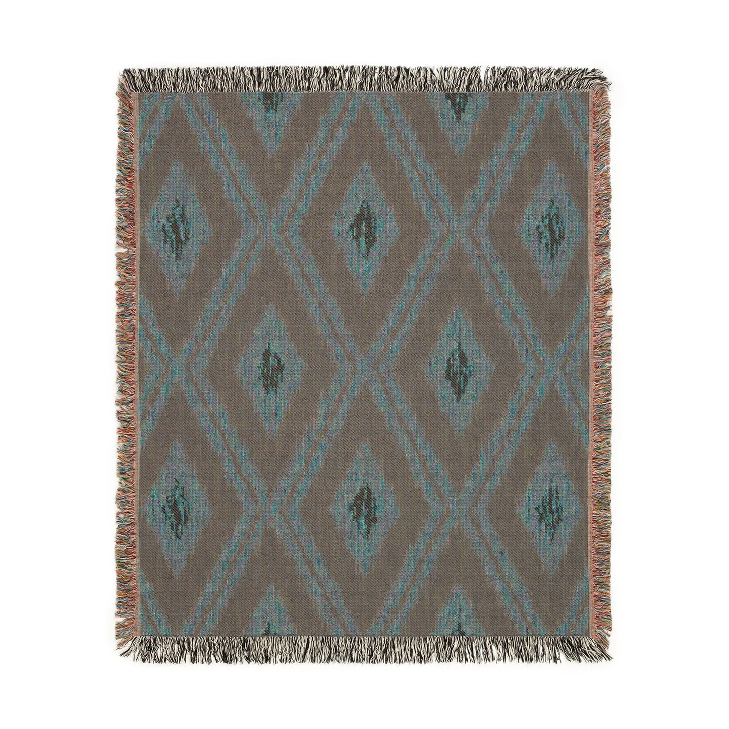 Close-up of the navy Boho Aztec woven blanket reverse side and weave