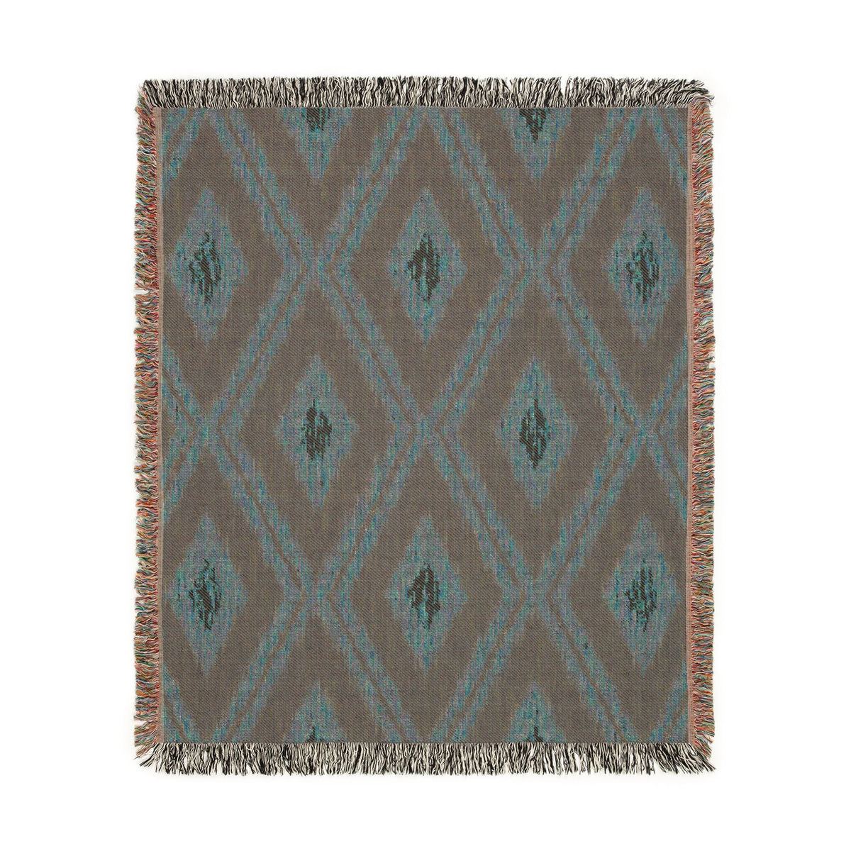 Close-up of the navy Boho Aztec woven blanket reverse side and weave