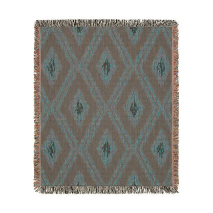 Close-up of the navy Boho Aztec woven blanket reverse side and weave