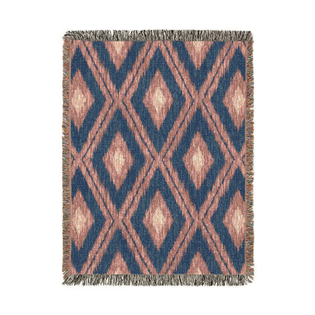 Boho Aztec woven blanket in navy and cream with rust Aztec motifs, shown flat