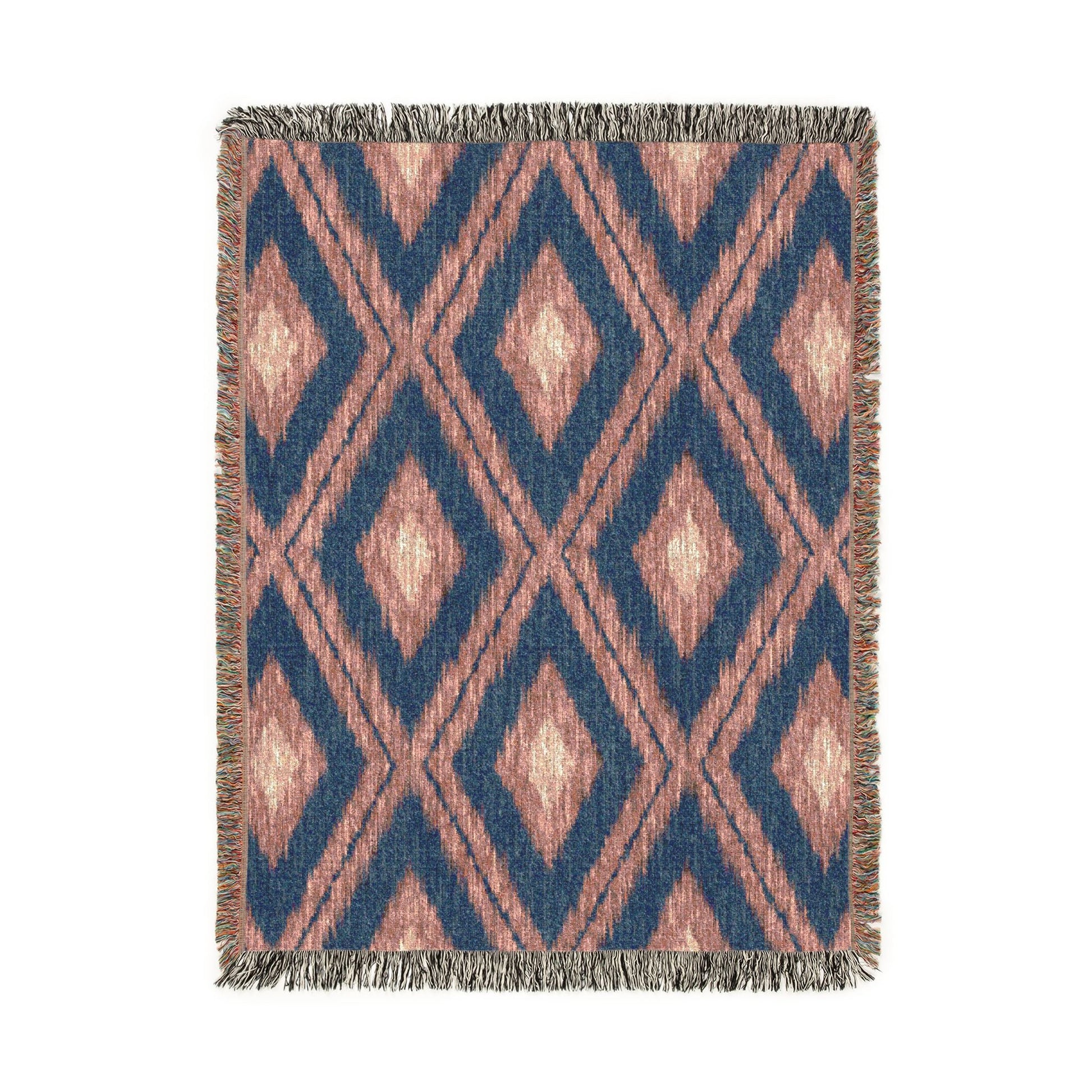 Boho Aztec woven blanket in navy and cream with rust Aztec motifs, shown flat