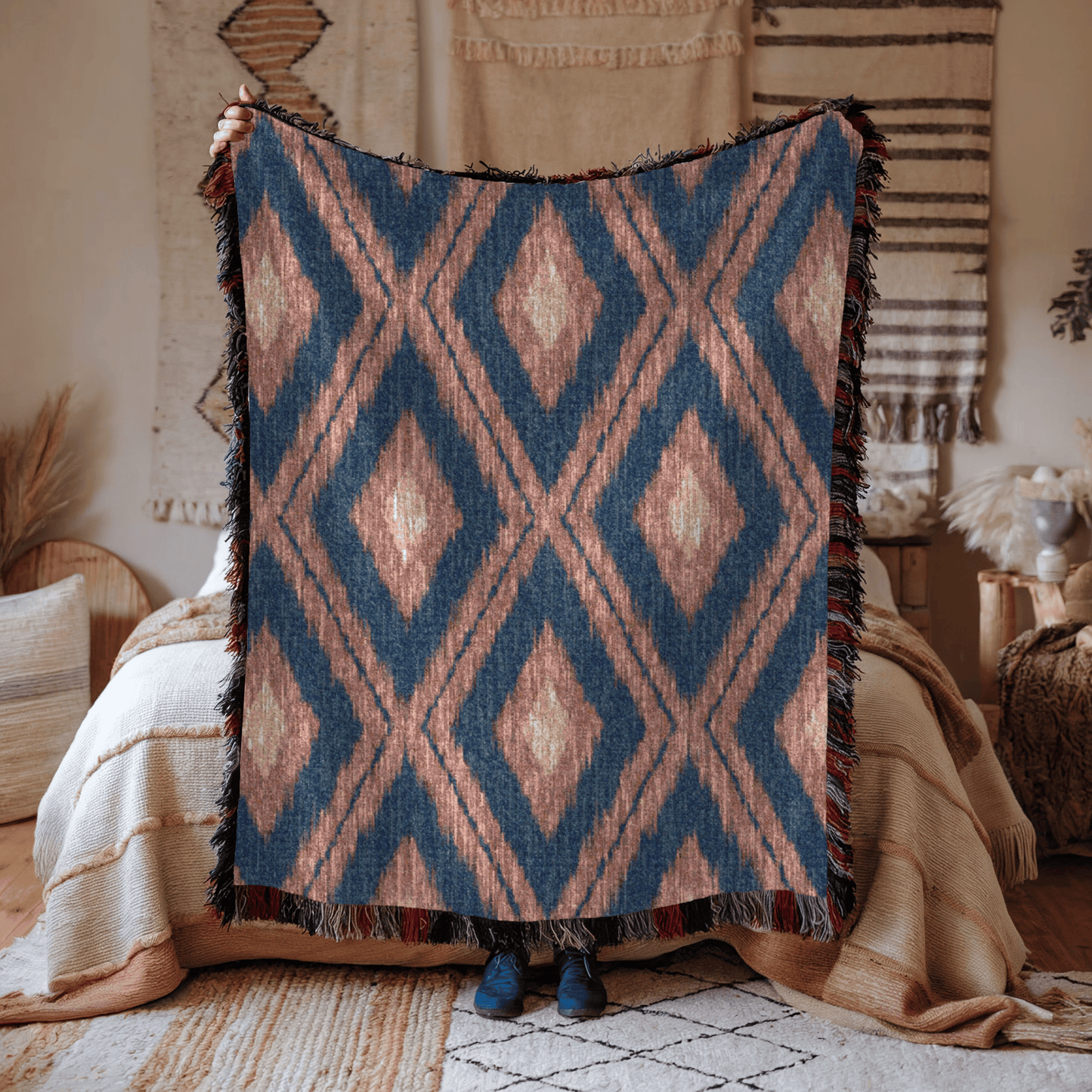 Navy Boho Aztec woven blanket hung on a wall as a tapestry